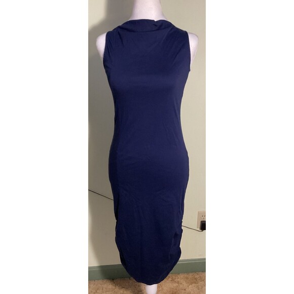 A Oei Studio Women's Navy Blue Draped Neck Bodycon Ruched Side Midi Dress Size 4 - Picture 1 of 12